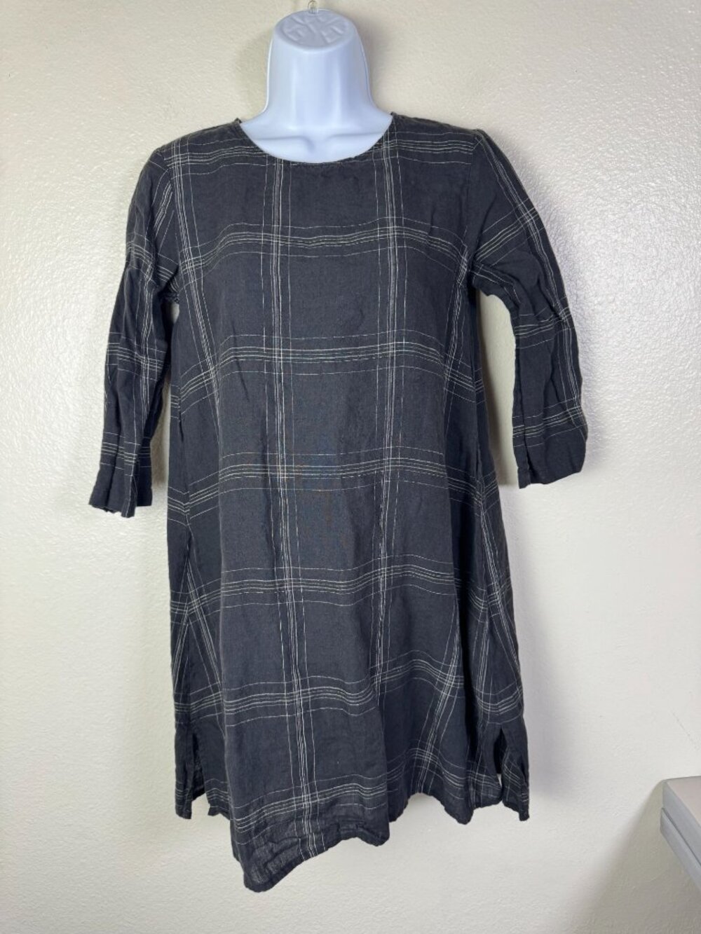Eileen Fisher Black 100% Organic Linen 3/4 Sleeve Plaid Tunic Dress Size XXS